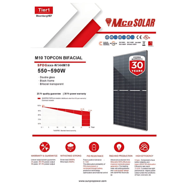 MCO SOLAR TOPCON 585W Bifacial,N-type 144half Cut,double Glass ,Black Frame,Grade A，